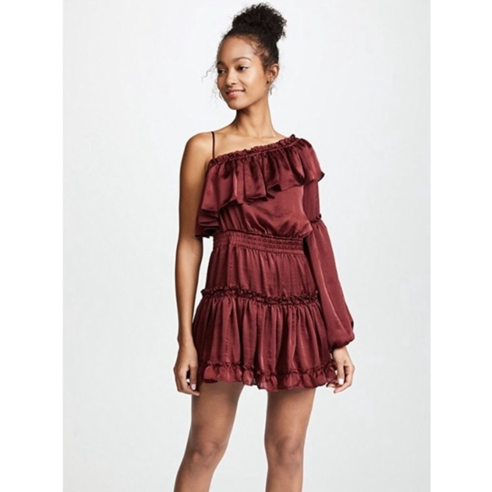 Misa Los Angeles One-Shoulder Ruffle Mini Dress in Burgundy